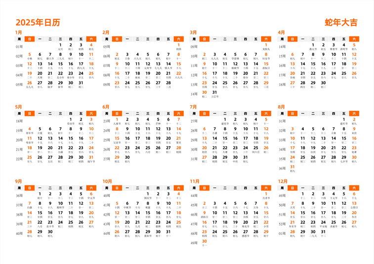 2025年日历 中文版 横向排版 周日开始 带周数 带农历